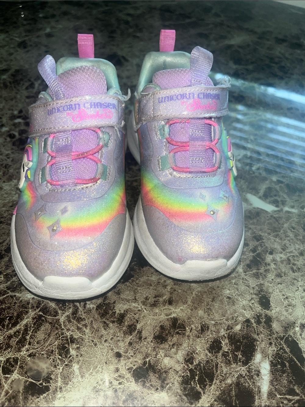 Skechers Girls Unicorn Chaser Glitter Sneakers - Pink & Rainbow light up